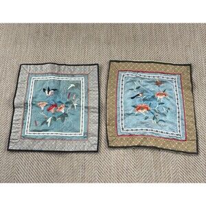 2 Vintage Chinese Asian Oriental Embroidered Silk Panel Hand Made Bird Flowers